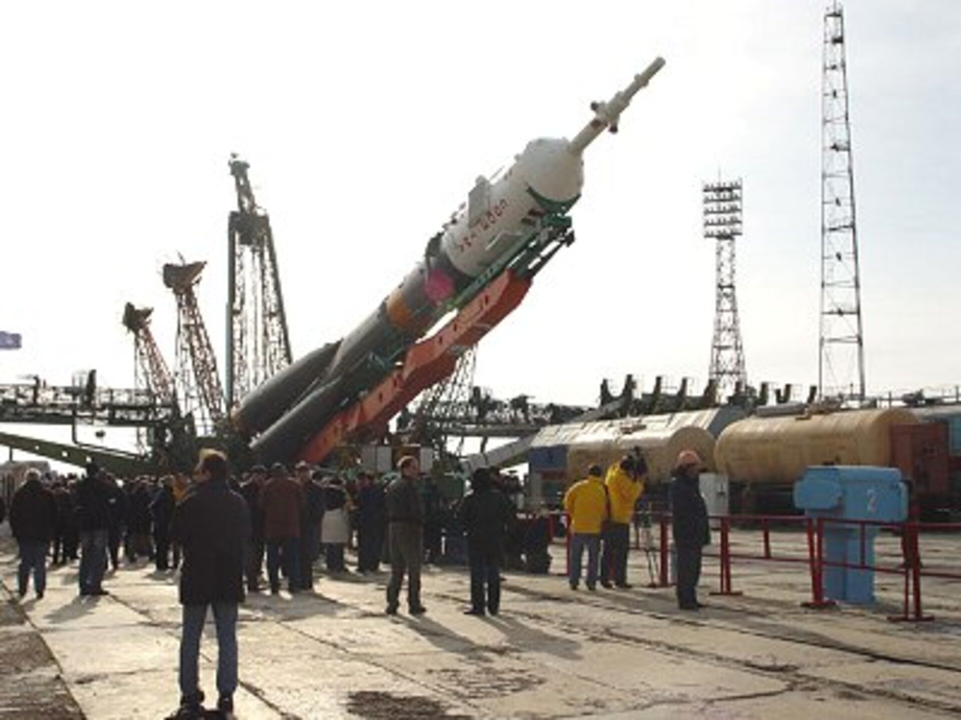 Soyuz launcher is moved into the upright position on the launch pad