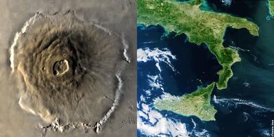 Martian volcano Olympus Mons and Italy