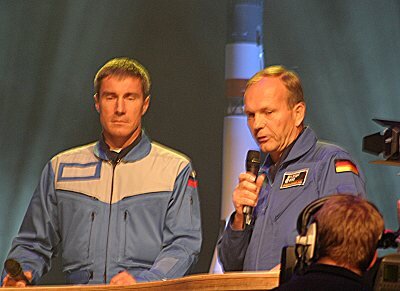 ESA's astronauts were joined on stage by Russian cosmonaut Sergei Krikalev, a member of the first ISS crew
