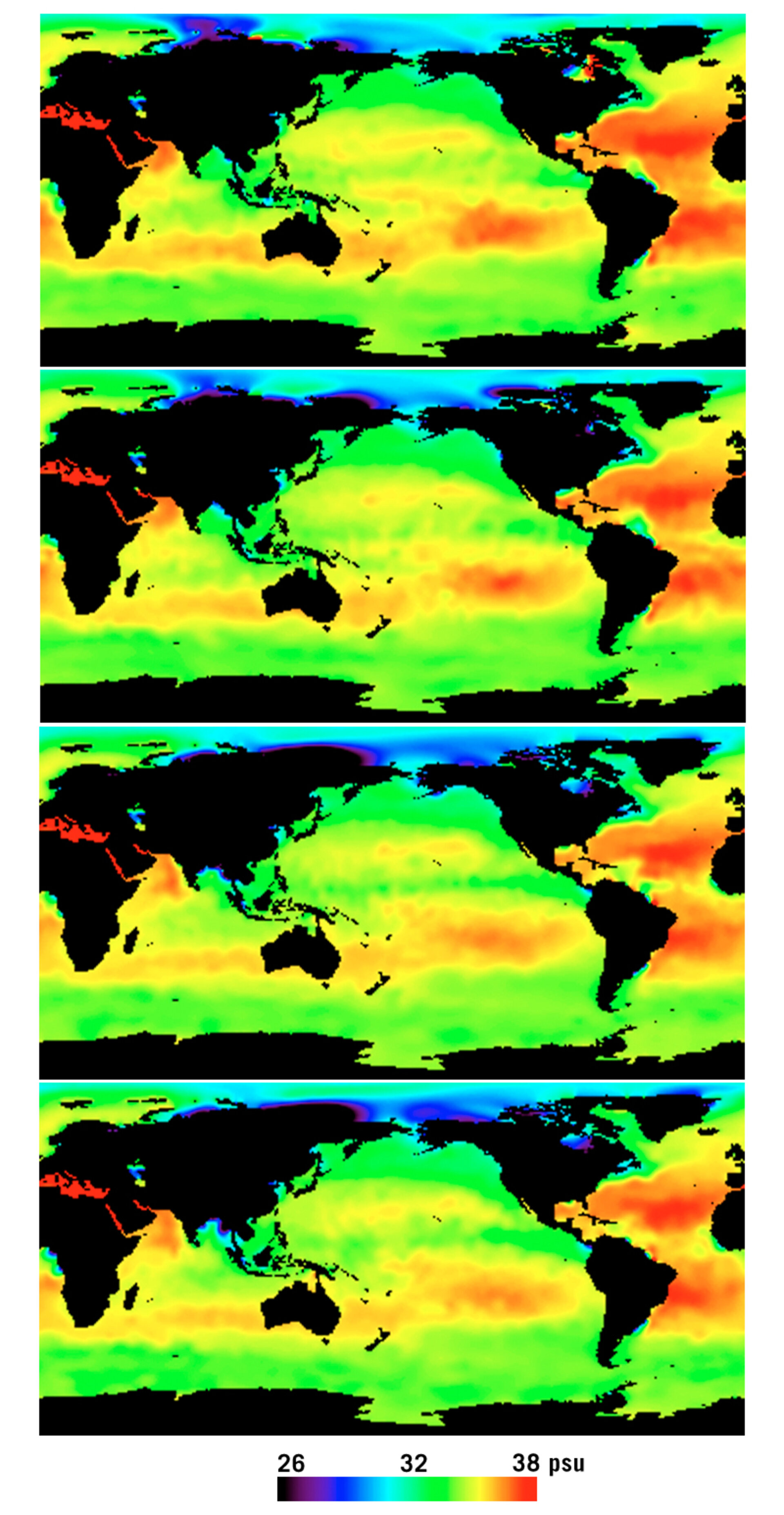 Simulated seasonal sea-surface salinty maps.