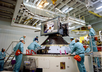 SMART-1 integrated on its launcher, showing how small the spacecraft is