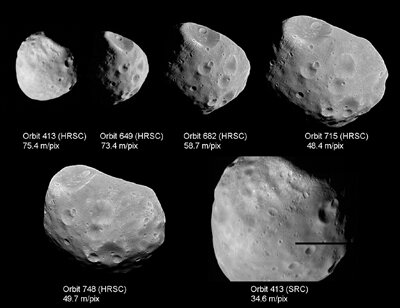 Zusammenstellung verschiedener Phobos-Aufnahmen mit der HRSC-Kamera