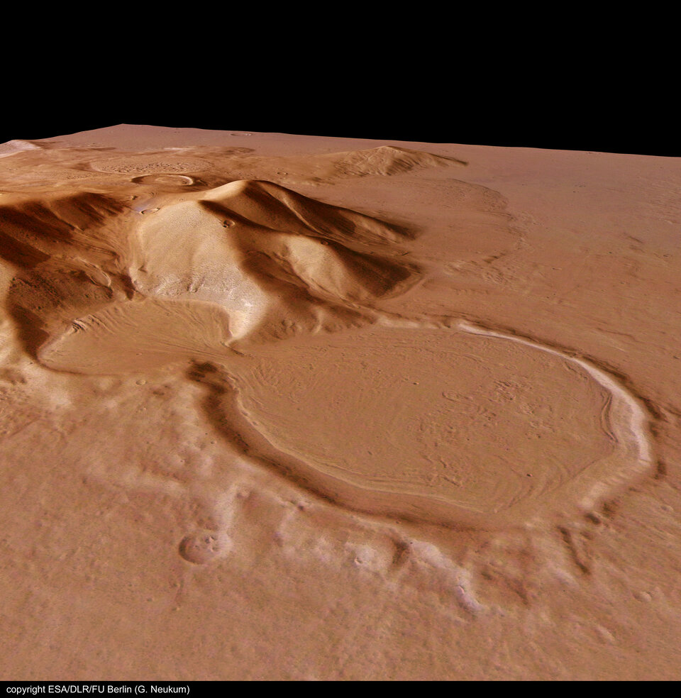 Perspective view of 'hourglass' shaped craters, looking south-east
