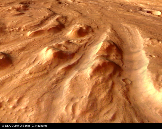 Perspective close-up view of outflow signatures in Ares Vallis