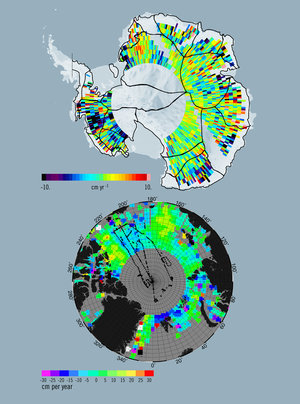 Topography of Antarctic ice sheets and estimated sea-ice thickness in the Arctic
