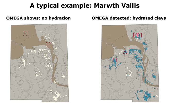In Marwth Vallis, OMEGA shows no hydration (left); OMEGA detected hydrated clays (right)