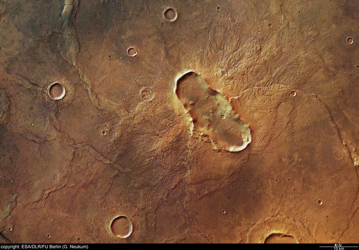 Colour view of 'butterfly'-shaped crater at Hesperia Planum