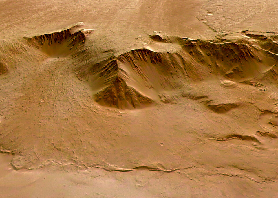 Perspective view of eastern scarp of Olympus Mons, looking west