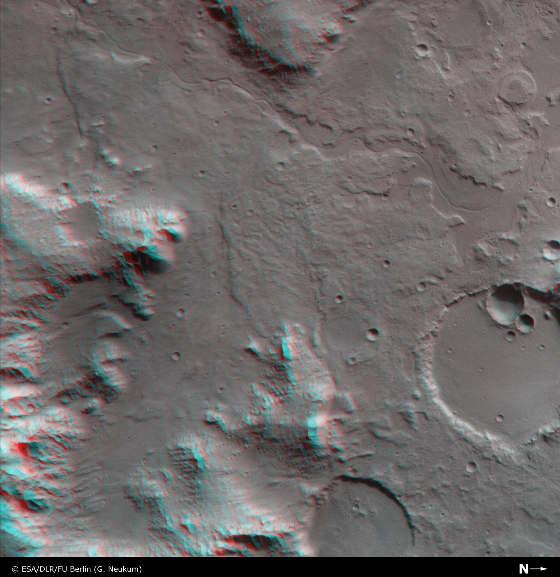 3D anaglyph view of Libya Montes valley region