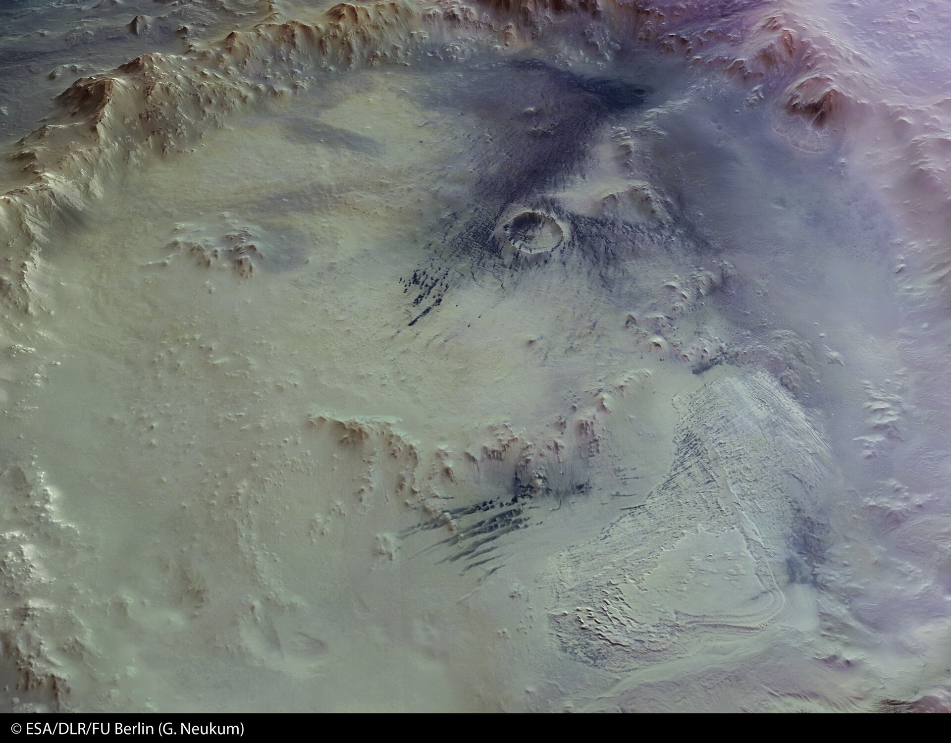 False-colour close-up mosaic of Crater Galle