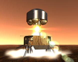 Artist's view of the Mars Sample Return ascent module lifting off from Mars
