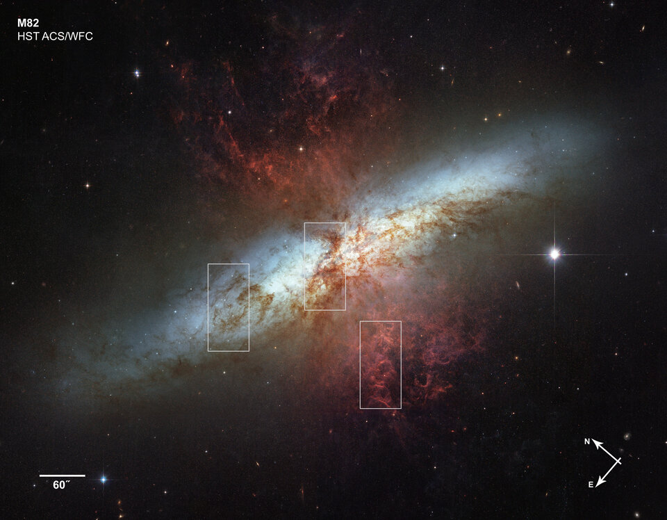 Location of three close-up views of the M82 image
