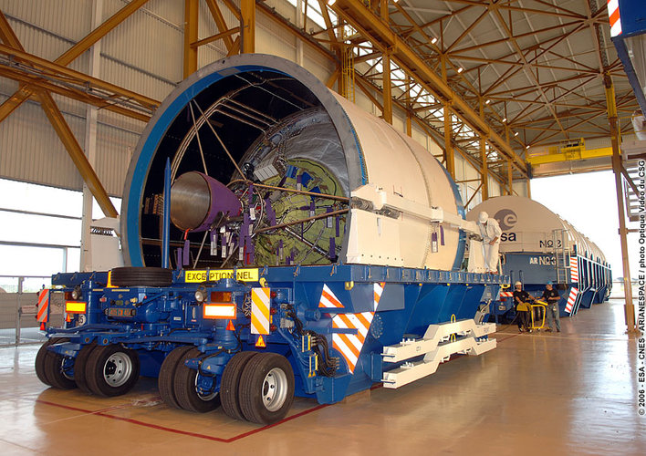 The cryogenic upper stage of the Ariane 5 after arriving in the Launcher Integration Building