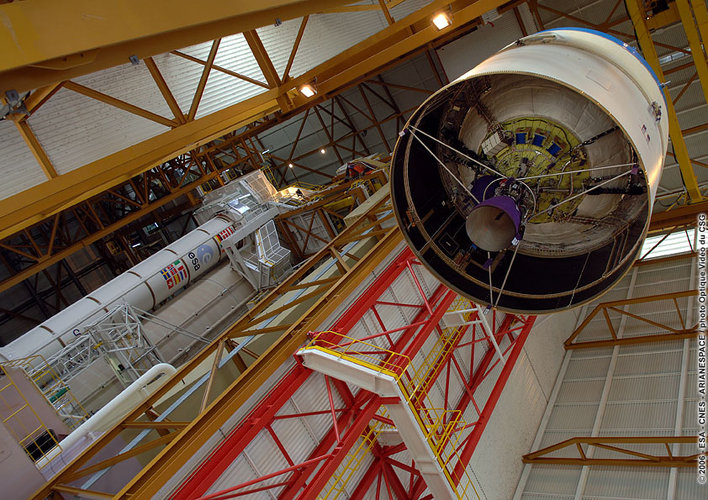 The cryogenic upper stage of the Ariane 5 is hoisted in the Launcher Integration Building