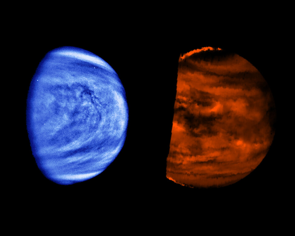 Het wolkendek van Venus, gefotografeerd door de NASA/ESA Hubble-ruimtetelescoop in het ultraviolet (links) en door de Amerikaanse ruimtesonde Galileo in het infrarood