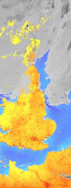 AATSR LST image of the UK and Northern France obtained on 16 July 2005 (night-time)