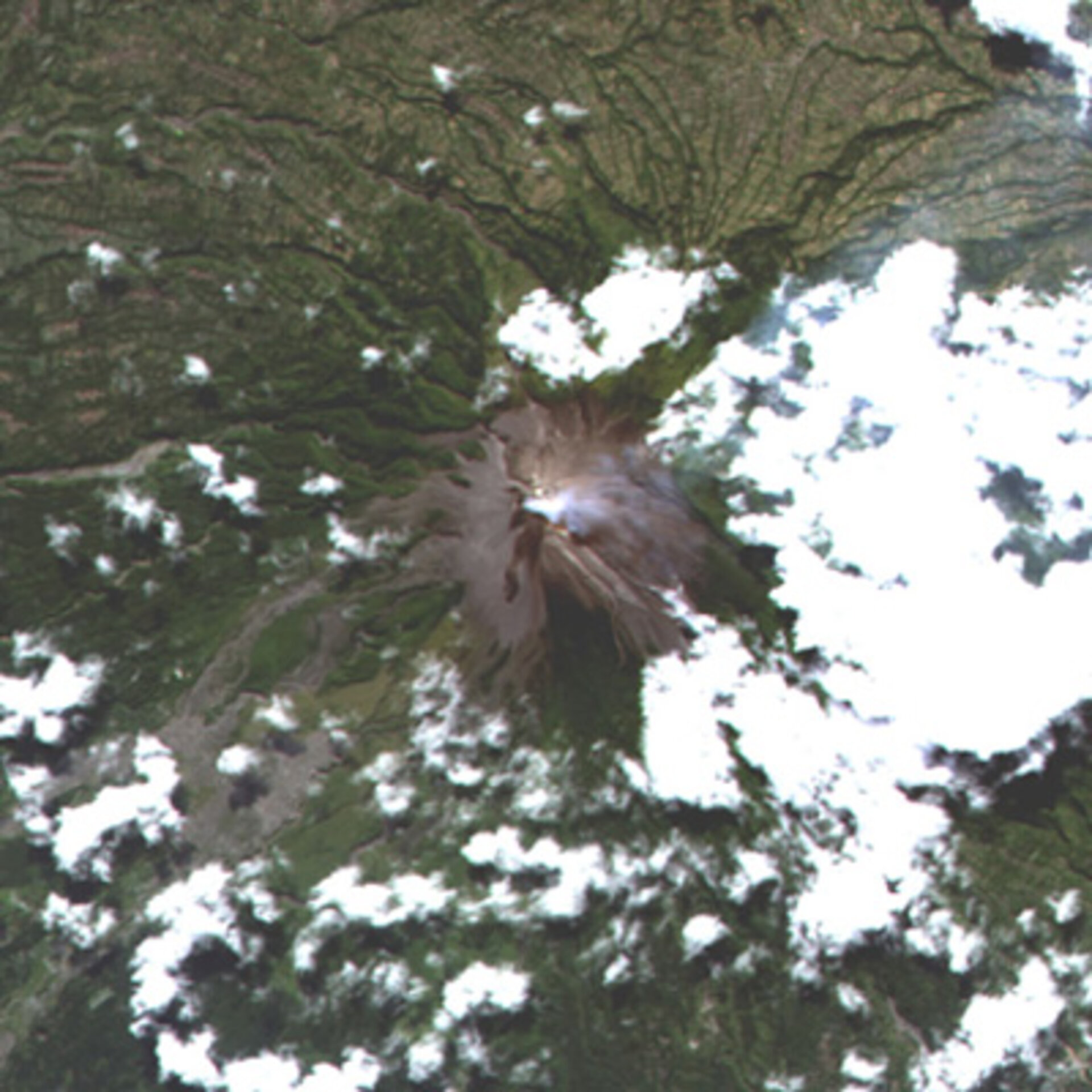 Deutlich ist der rauchende Vulkan Mount Merapi zu erkennen ( Aufnahme von AVNIR 2)