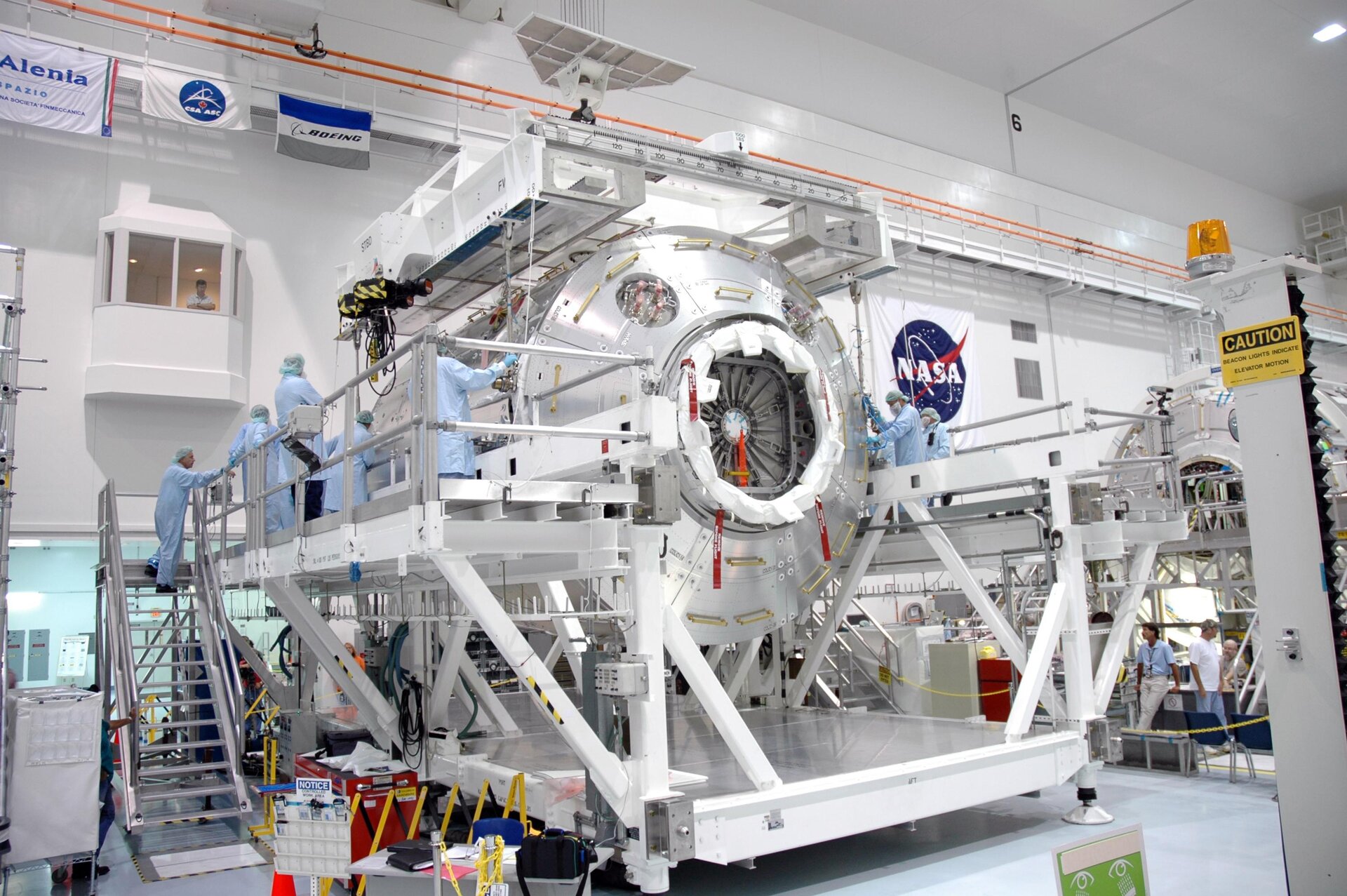 The European Columbus module is prepared in the Space Station Processing Facility at KSC