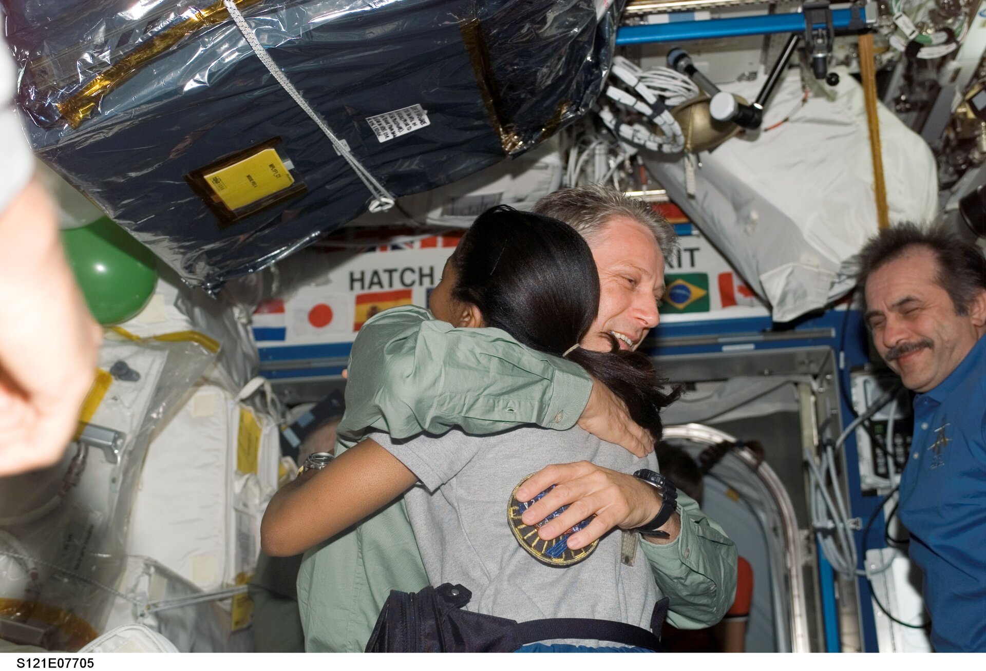 Astronauts S.D.Wilson and Thomas Reiter prior to the undocking of the Space Shuttle Discovery and the ISS