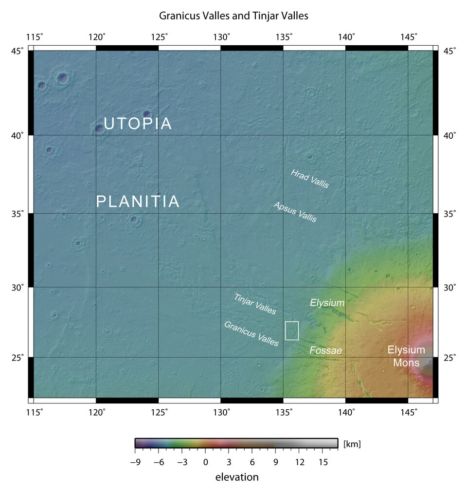 Map showing Granicus Valles and Tinjar Valles in context