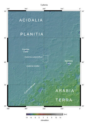 Lage der Cydonia-Region in den nördlichen Tiefebenen des Mars