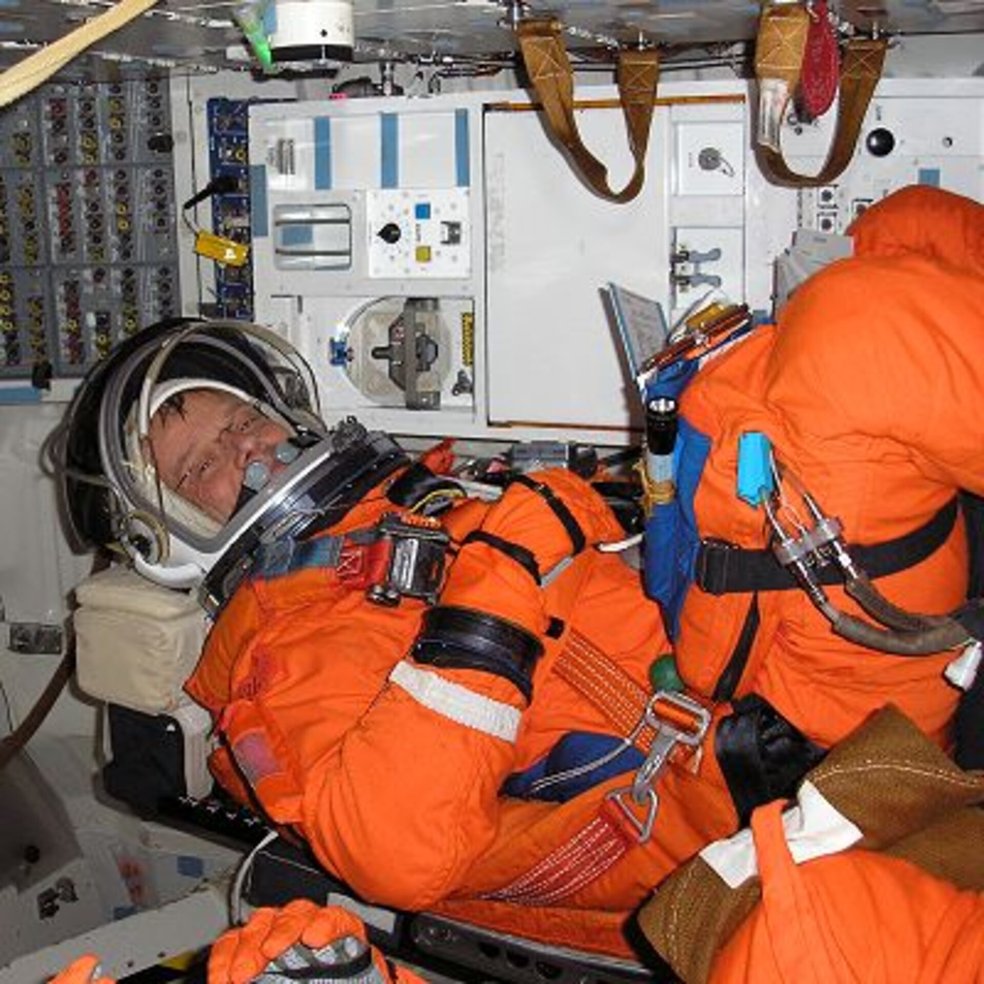 Christer Fuglesang fastened into the Space Shuttle simulator