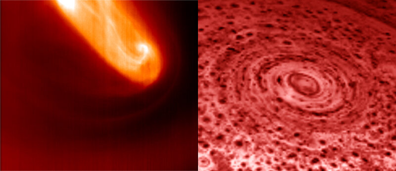 Immagine ravvicinata dei vortici polari di Venus e Saturno