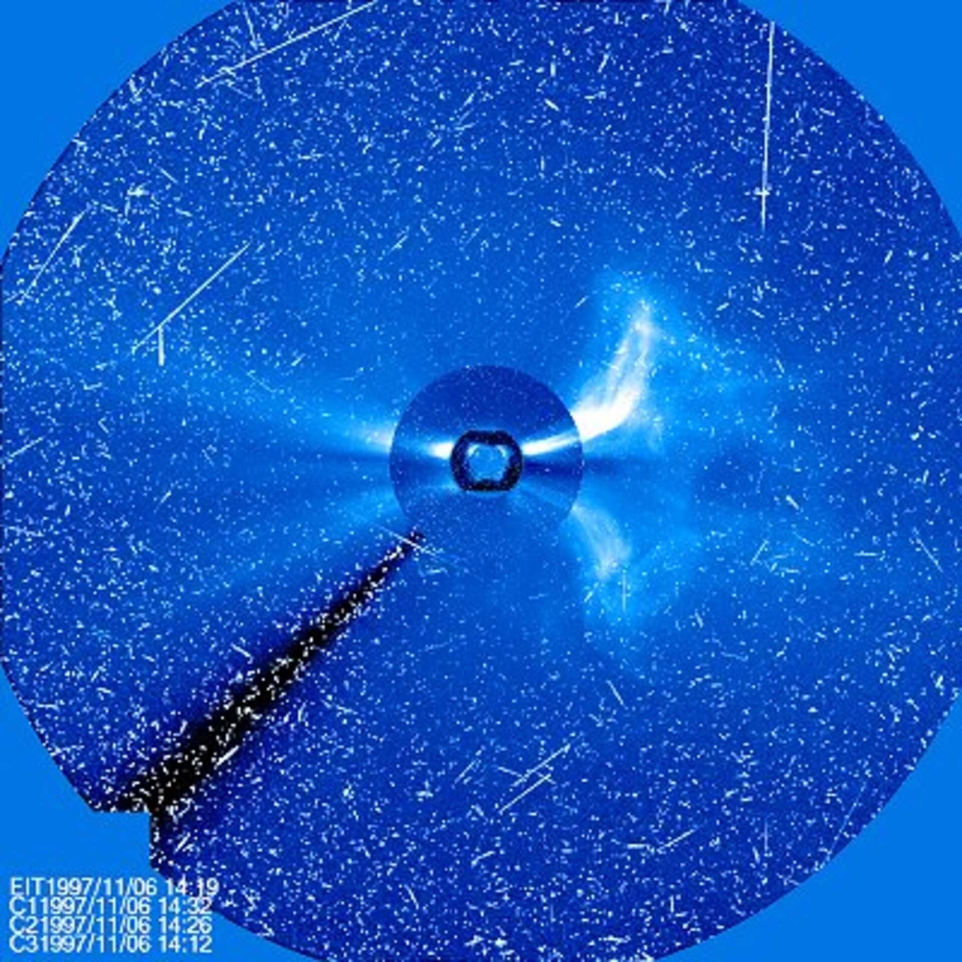 SOHO/LASCO coronagraph image showing contamination by energetic particles associated with solar activity