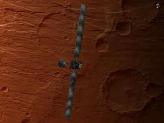 Animation showing Rosetta skimming Mars at 250 km