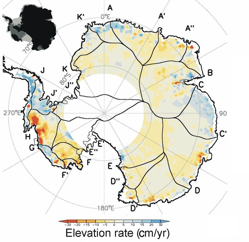 Plot showing rate of change of Antarctic ice-sheet elevation