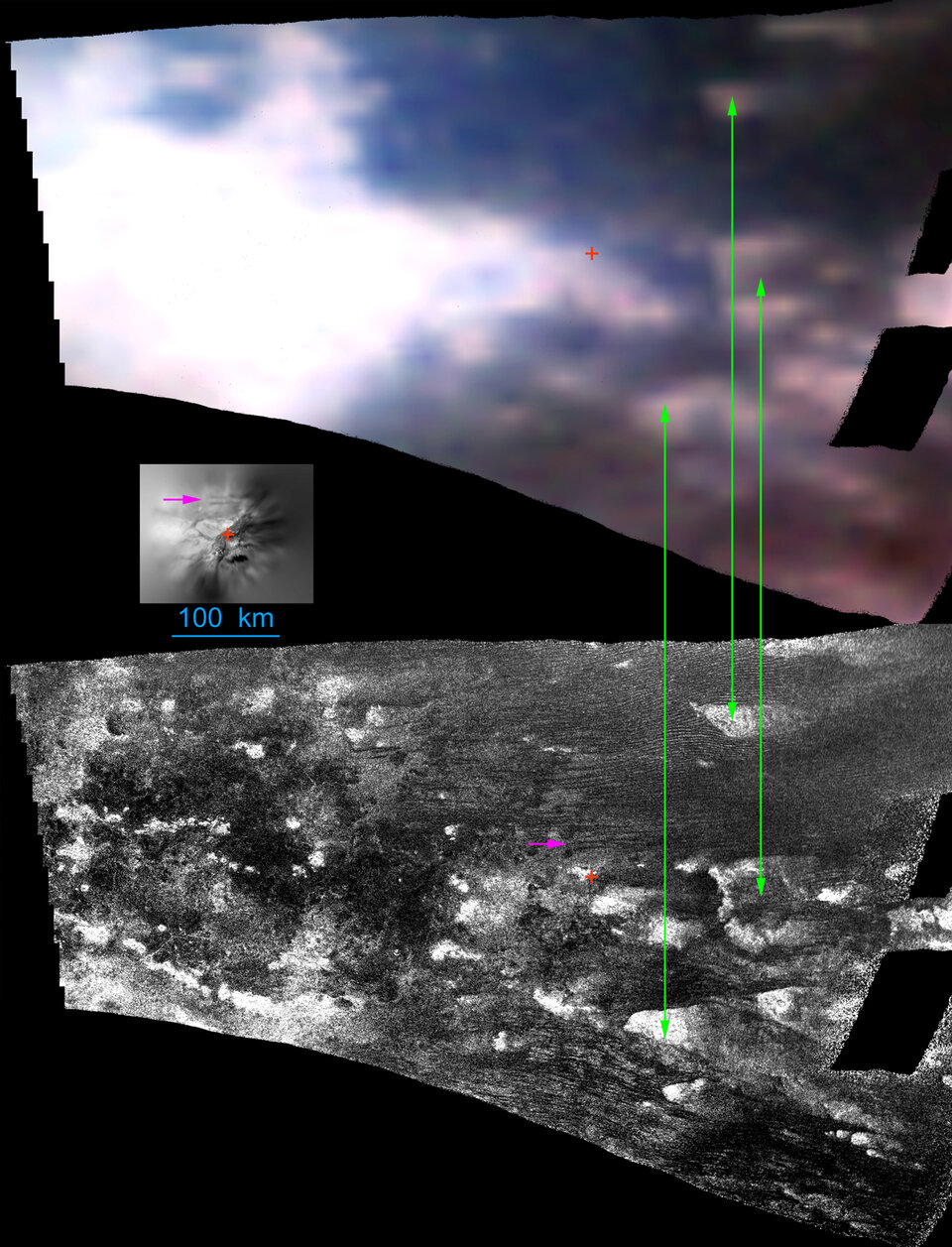 Infrared, visible and radar images of Huygens’ landing area