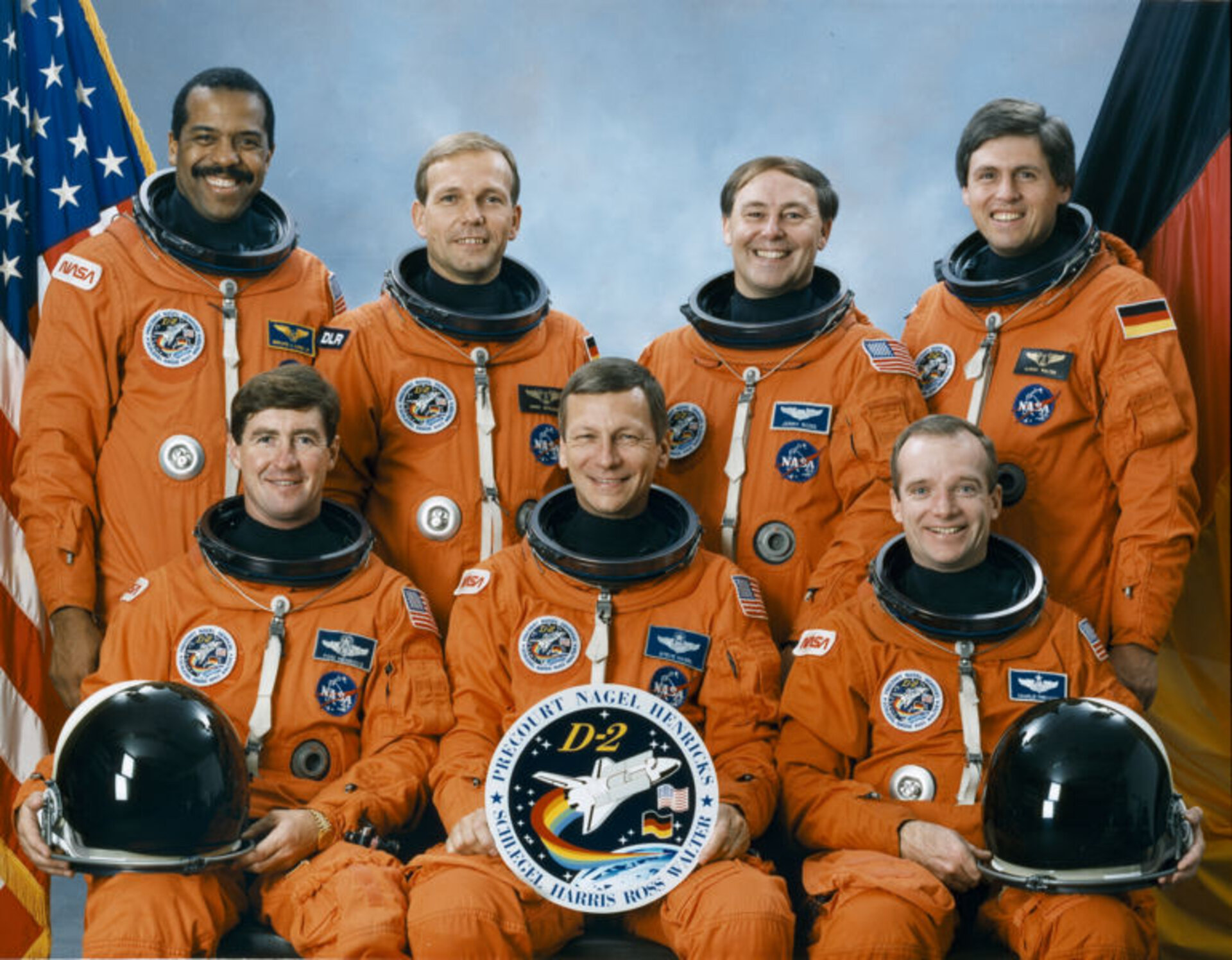 STS-55 crew: Steven Nagel, Terence Henricks, Jerry Ross, Charles Precourt, Bernard Harris, Ulrich Walter, Hans Schlegel