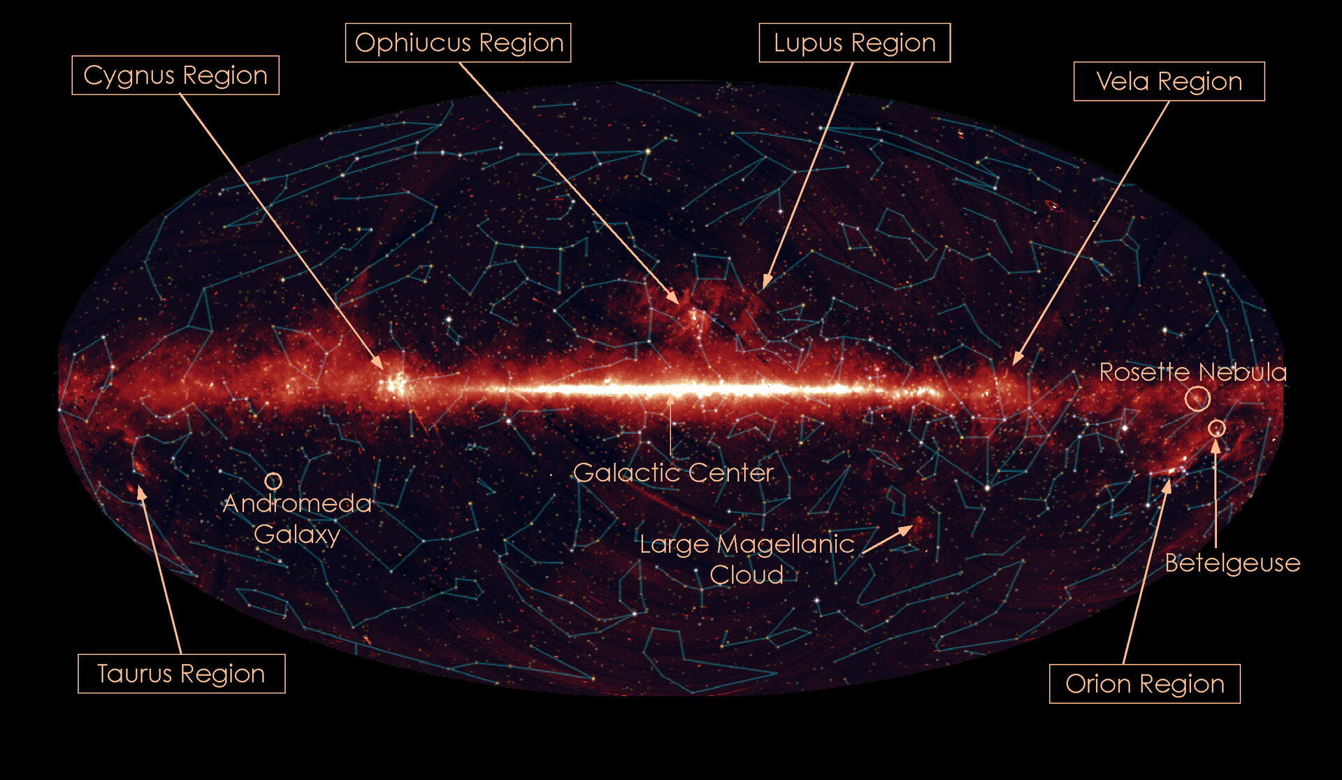 All-sky map in infrared light with constellations and star forming regions