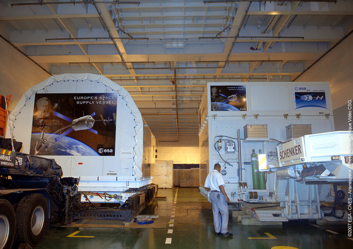 ATV containers are unloaded after arriving in Kourou on board French cargo ship MN Toucan