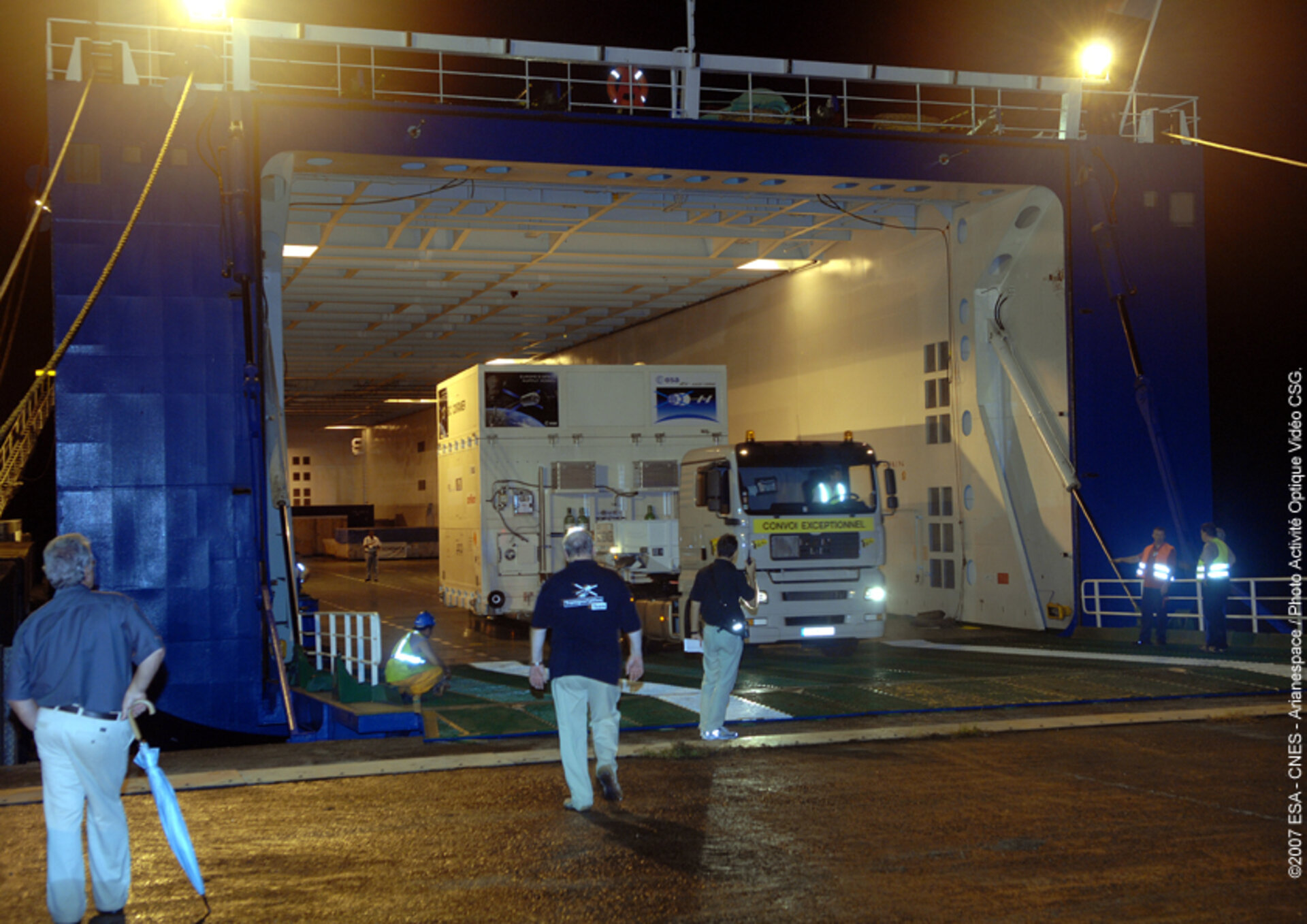 ATV containers are unloaded after arriving in Kourou on board French cargo ship MN Toucan