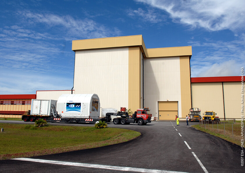 ATV arrives at the S5 building at Europe's Spaceport in Kourou, French Guiana
