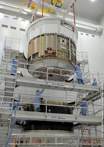 Sections of the ATV spacecraft are re-integrated following arrival at Europe's Spaceport, in Kourou