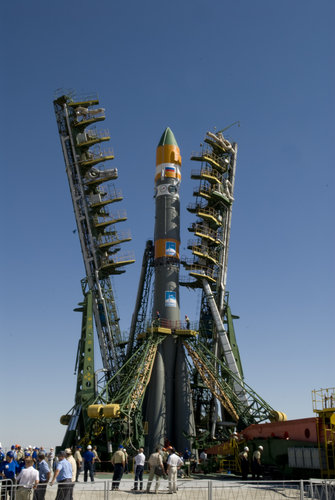 Soyuz-U launch vehicle on the launch pad at Baikonur Cosmodrome