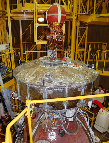 YES2 satellite being installed on the battery pack of the Foton-M3 spacecraft