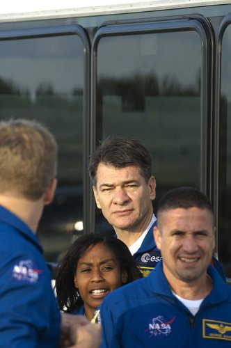 Members of the STS-120 crew prepare to meet the press during the Terminal Countdown Demonstration Test at KSC