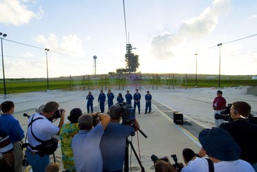 STS-120 crew answers press questions during the Terminal Countdown Demonstration Test at NASA's Kennedy Space Center, Florida