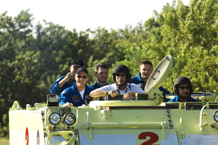 The STS-120 crew during training with the M-113 armoured personel carrier at KSC