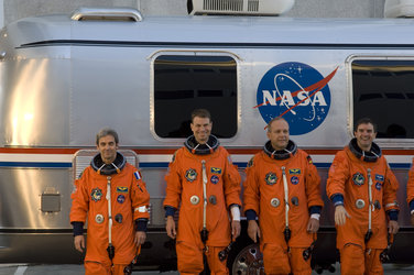 Crewmembers of the STS-122 shuttle mission during the practice countdown at NASA's Kennedy Space Center, Florida