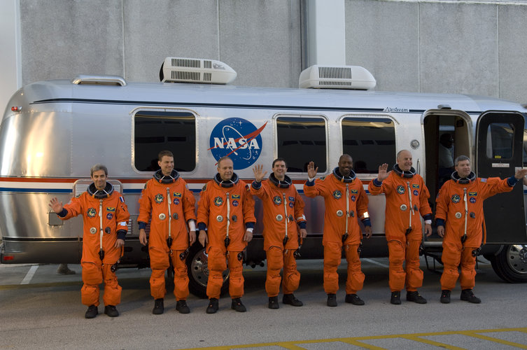 Crewmembers of the STS-122 shuttle mission during the practice countdown at NASA's Kennedy Space Center, Florida