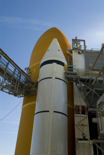 External tank of Space Shuttle Atlantis as the launcher stands on the launch pad at Kennedy Space Center ahead of flight STS-122