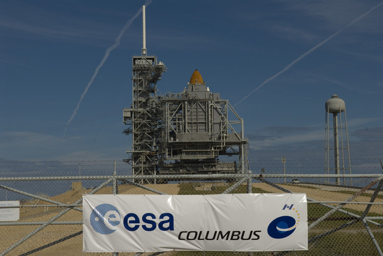 NASA's Space Shuttle Atlantis stands on the launch pad ready to carry the European Columbus laboratory to the ISS