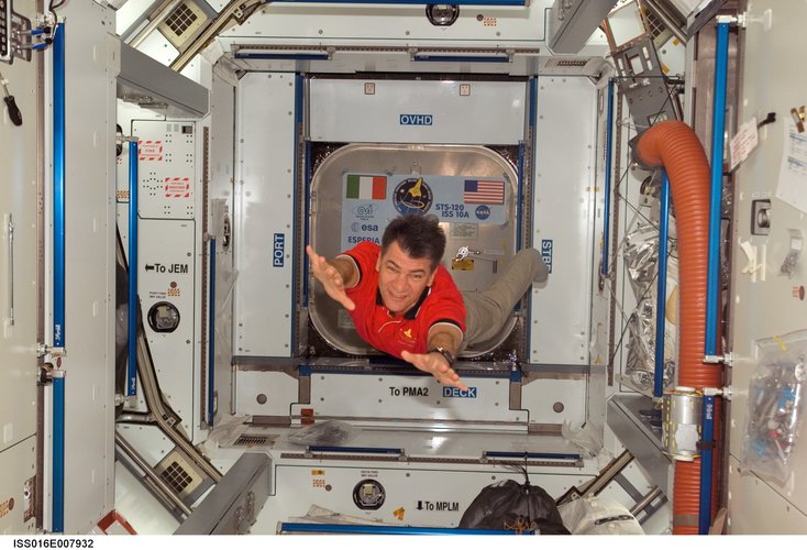 Paolo Nespoli floats in the Harmony node of the International Space Station
