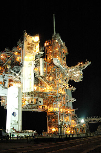 Payload canister holding Columbus is atop its transporter reaches the top of Launch Pad 39A