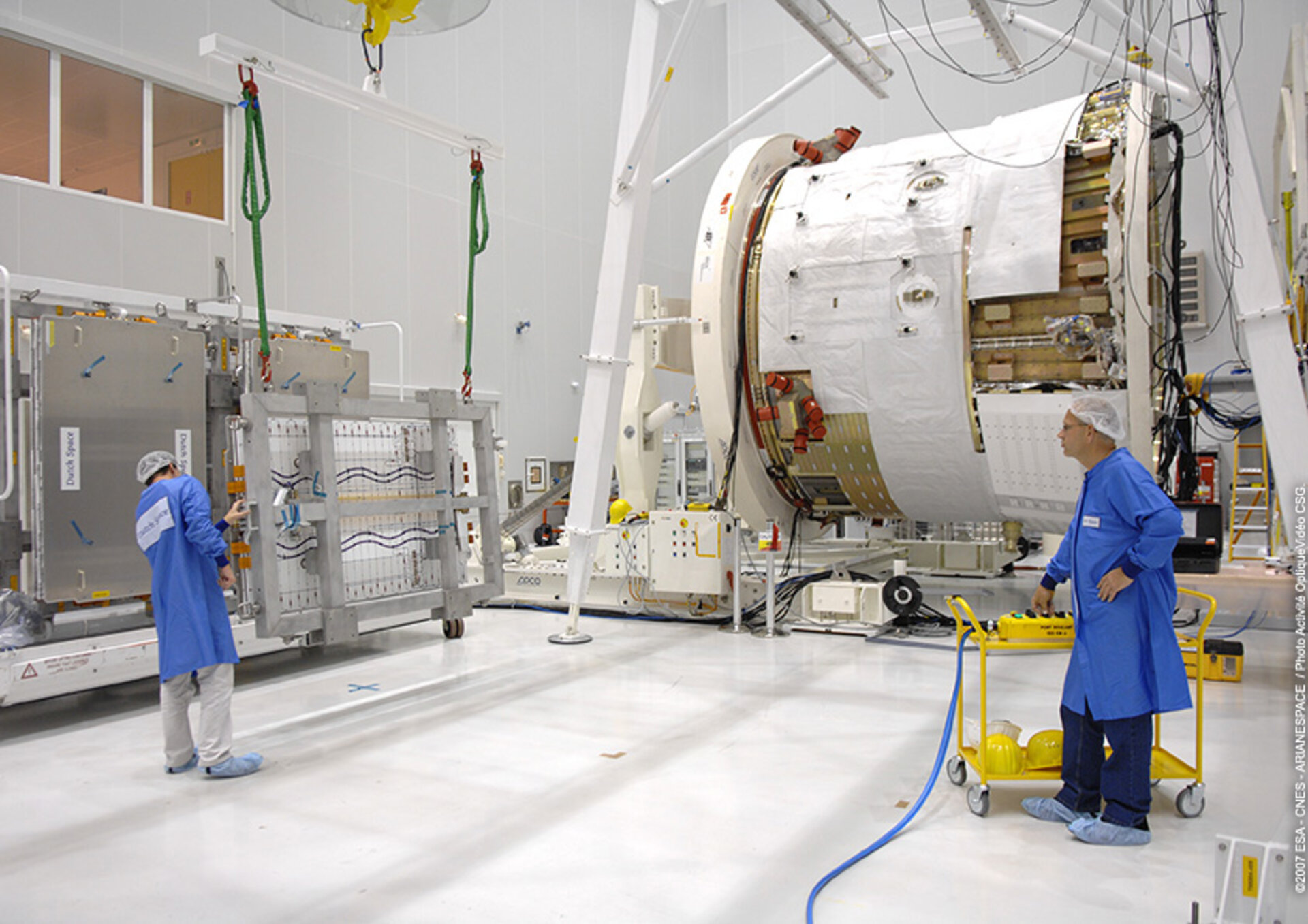 Preparing to install Jules Verne ATV's solar arrays at Europe's Spaceport, Kourou