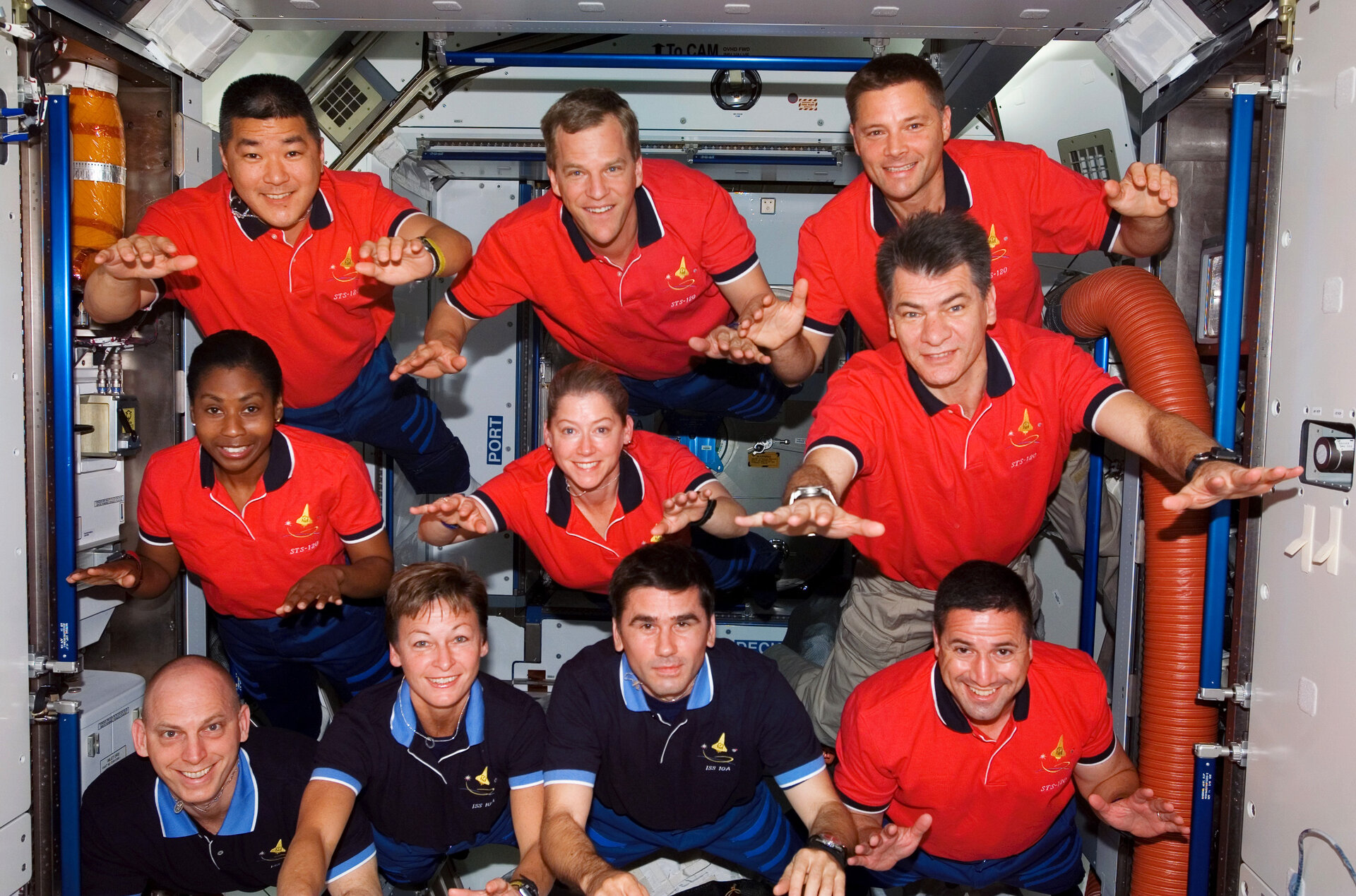STS-120 and Expedition 16 crewmembers pose for a group photo inside Harmony